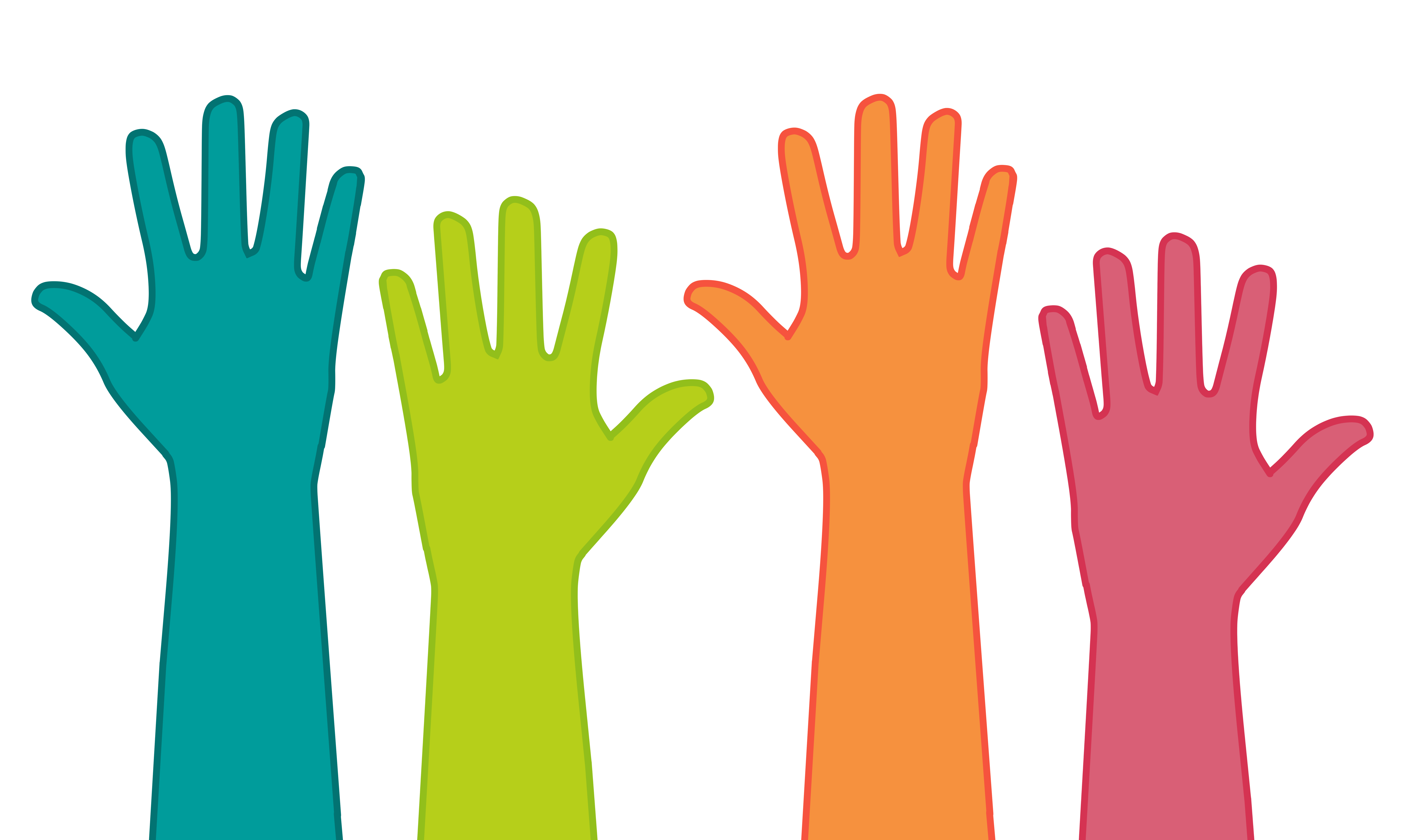 Graphic of brightly coloured hands reaching upwards.