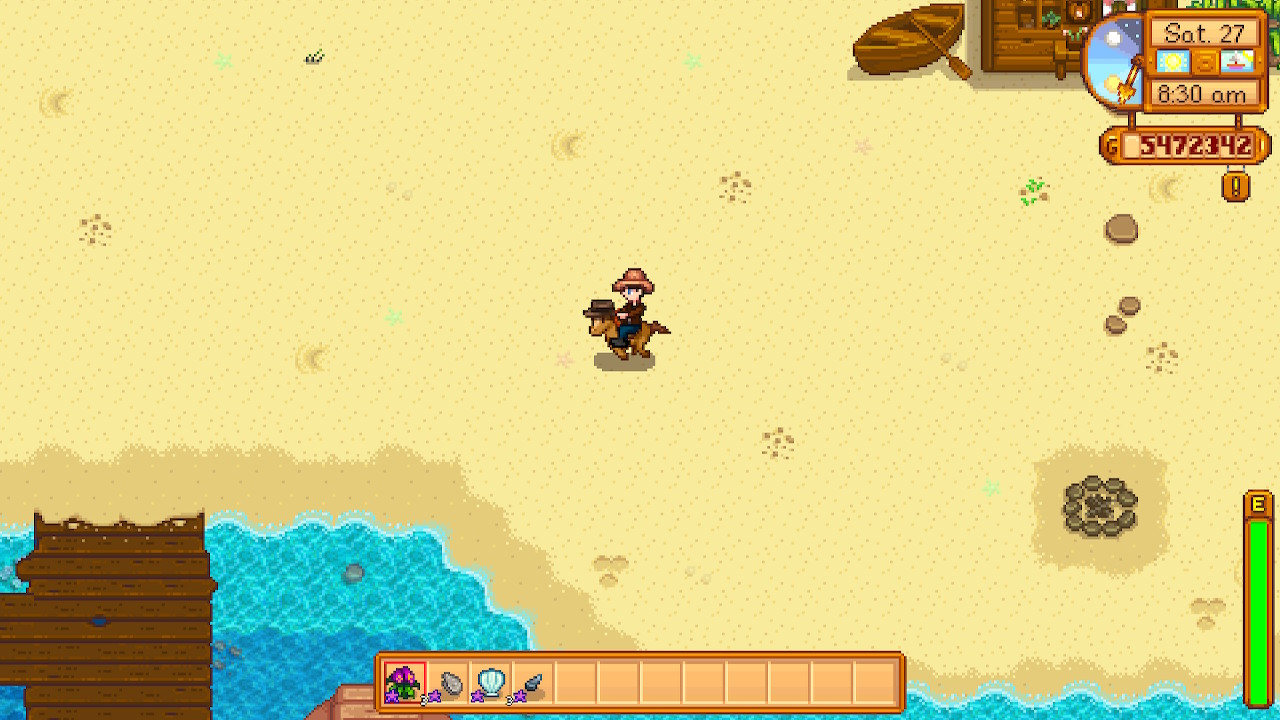 A player character rides a horse in a 2d pixel video game