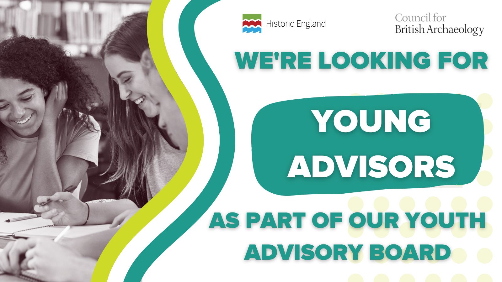 Advert for Young Advisors to support the CBA. Black and white image of young people with lime, green and white colour scheme