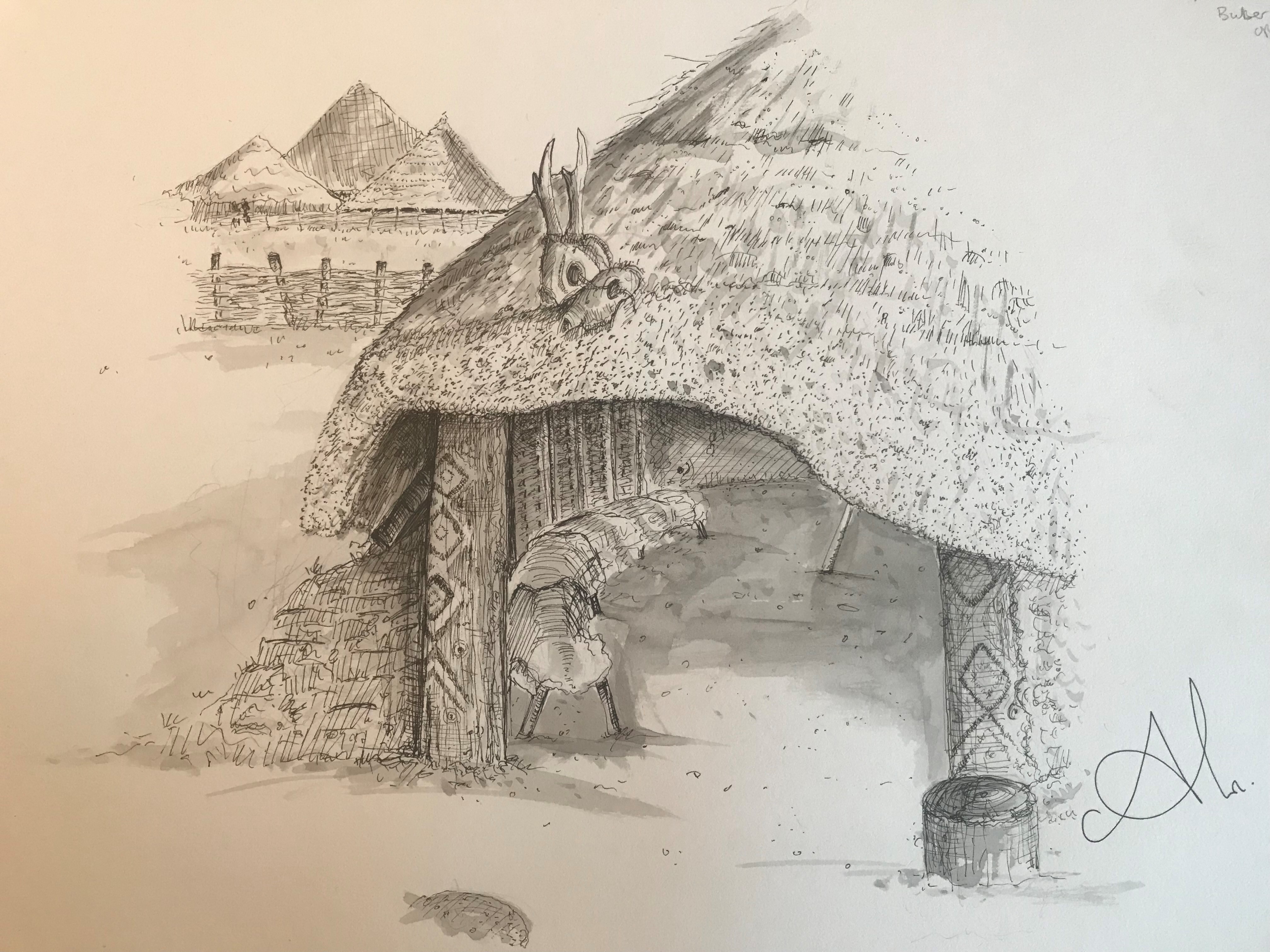 A drawing of a building with a thatched roof