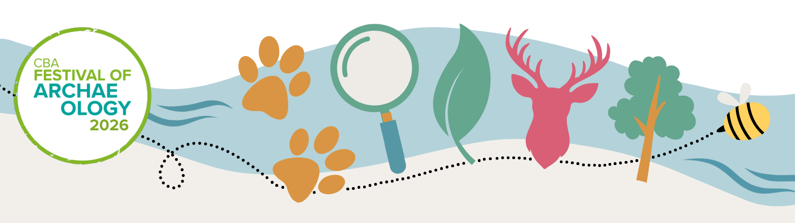 An image with a logo and a cartoon river in the backgorund, there are brown paw prints, a magnifying glass, a green leaf, a pink stag, a tree and a bee with a dotted trail indicating flight 
