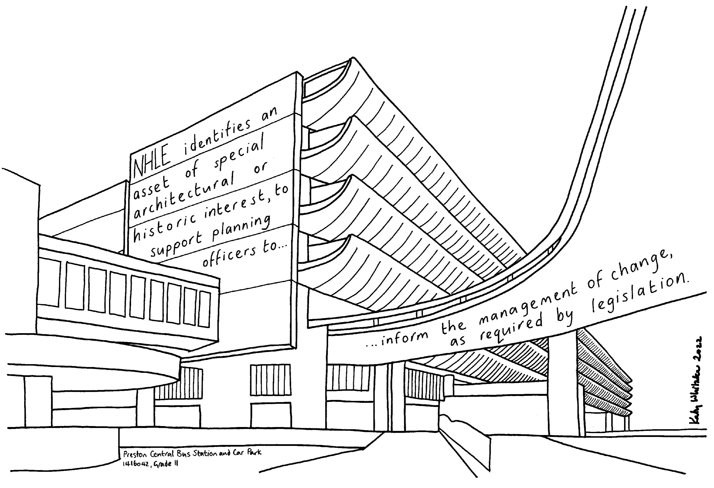 A drawing of a modern building with distinct shapes of squares with long vertical stripes along the side