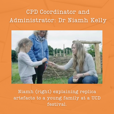 Niamh (right) explaining replica artefacts to a young family at a UCD festival.