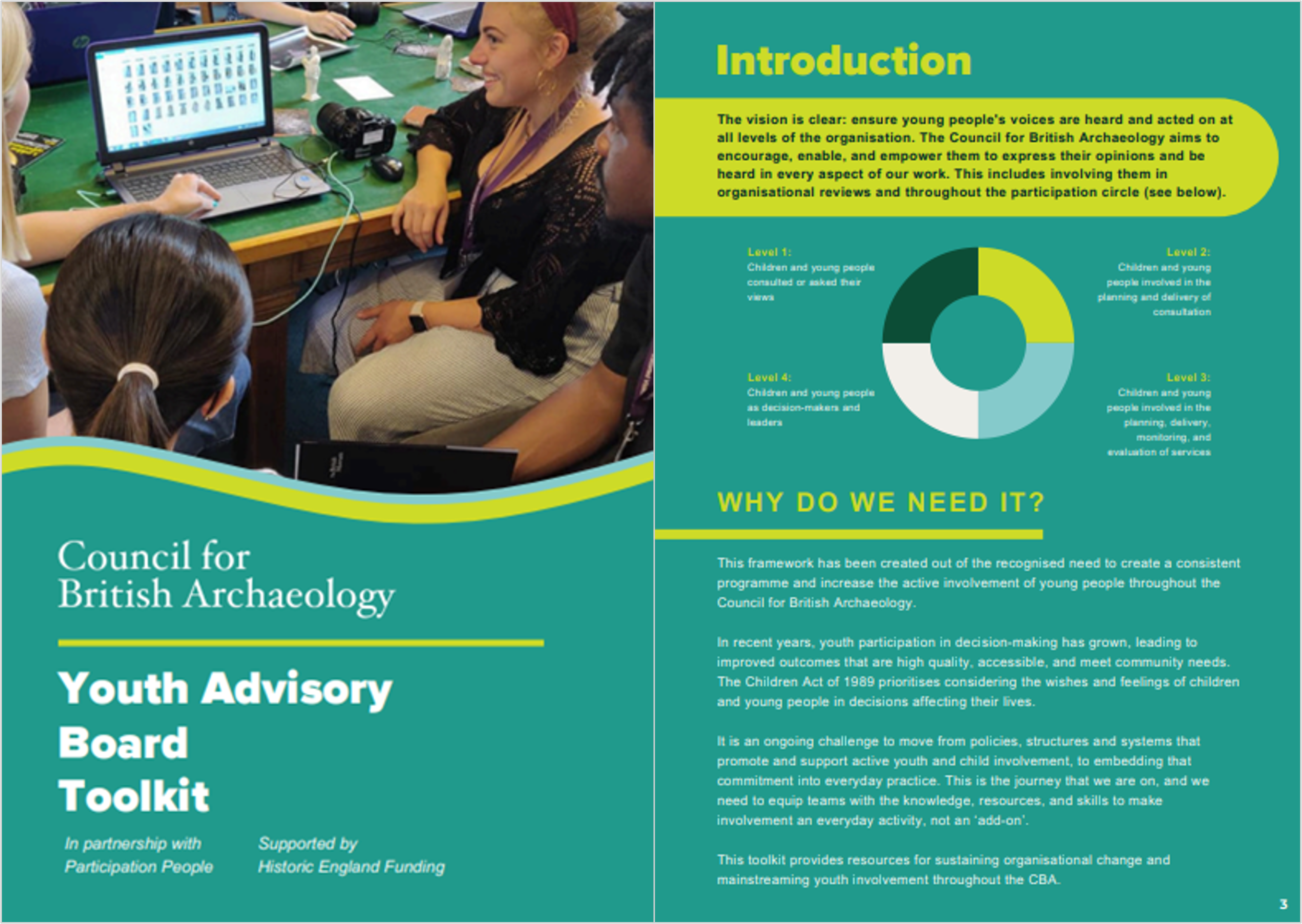 Front page and Introduction page of the toolkit with green background. Image of young people sat around a desk smiling and talking is primary image