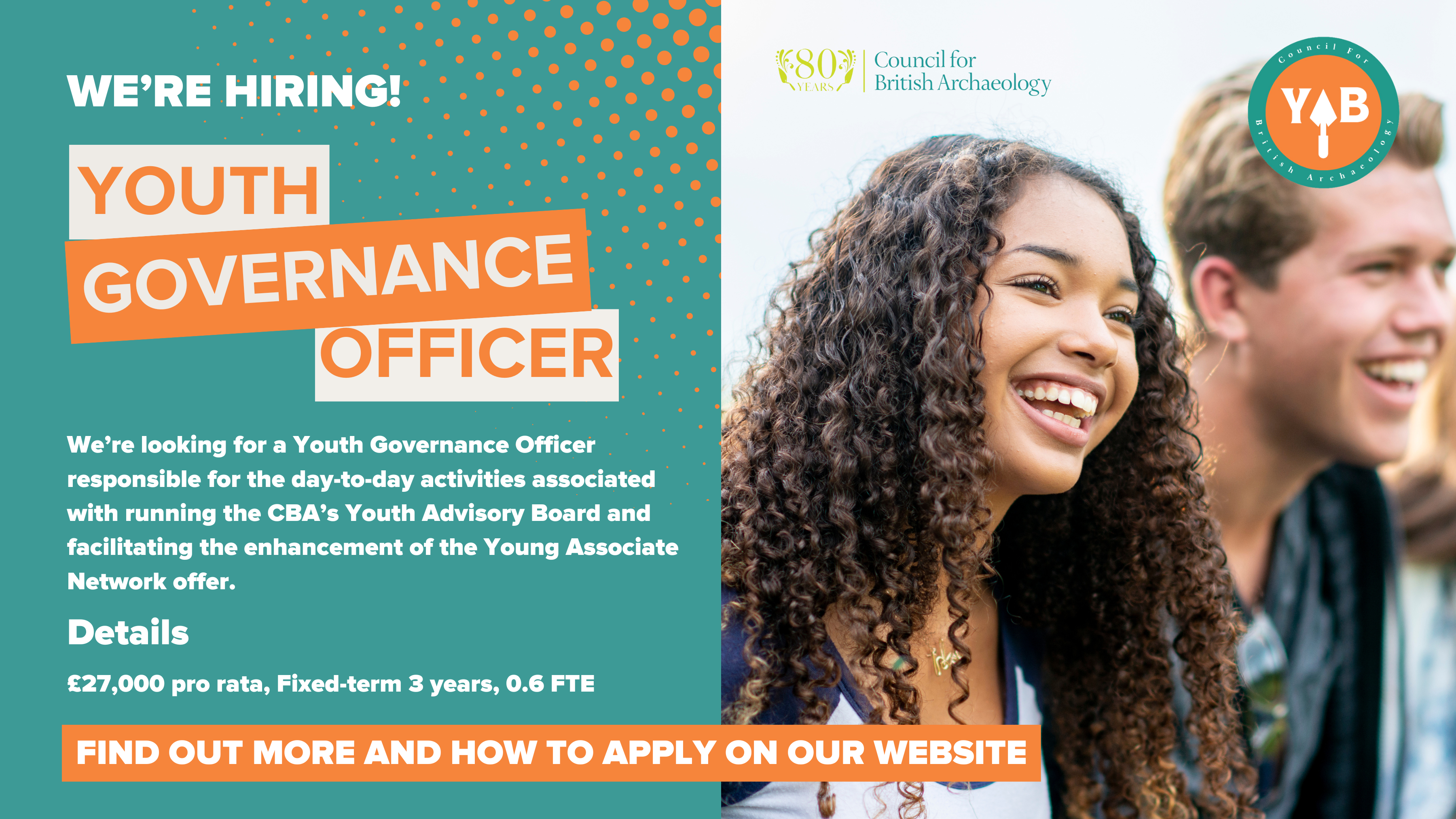 Image of young people sat next together smiling. To the left is text stating We're hiring and Youth Governance Officer