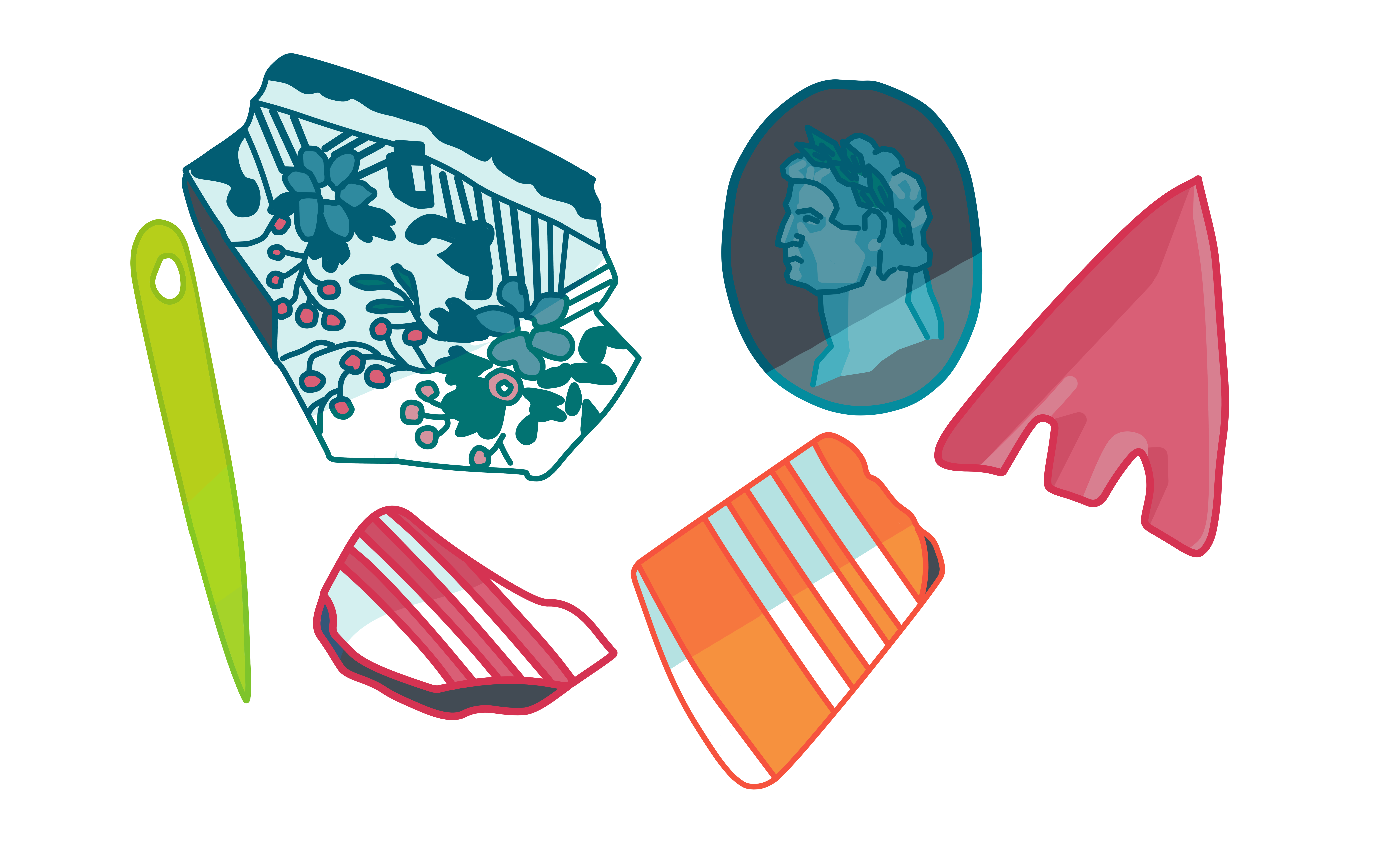 A illustration drawing in bold colours of three pottery sherds, a roman coin, an arrow head, and a bone needle