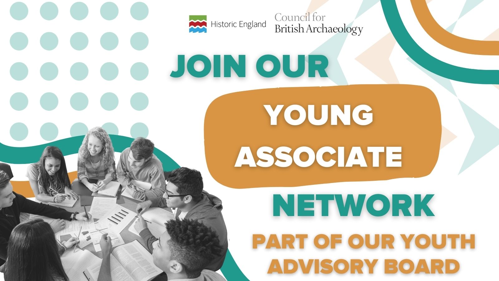 Young Associate Advert: image of young people in black and white with green, ochre and white colour scheme