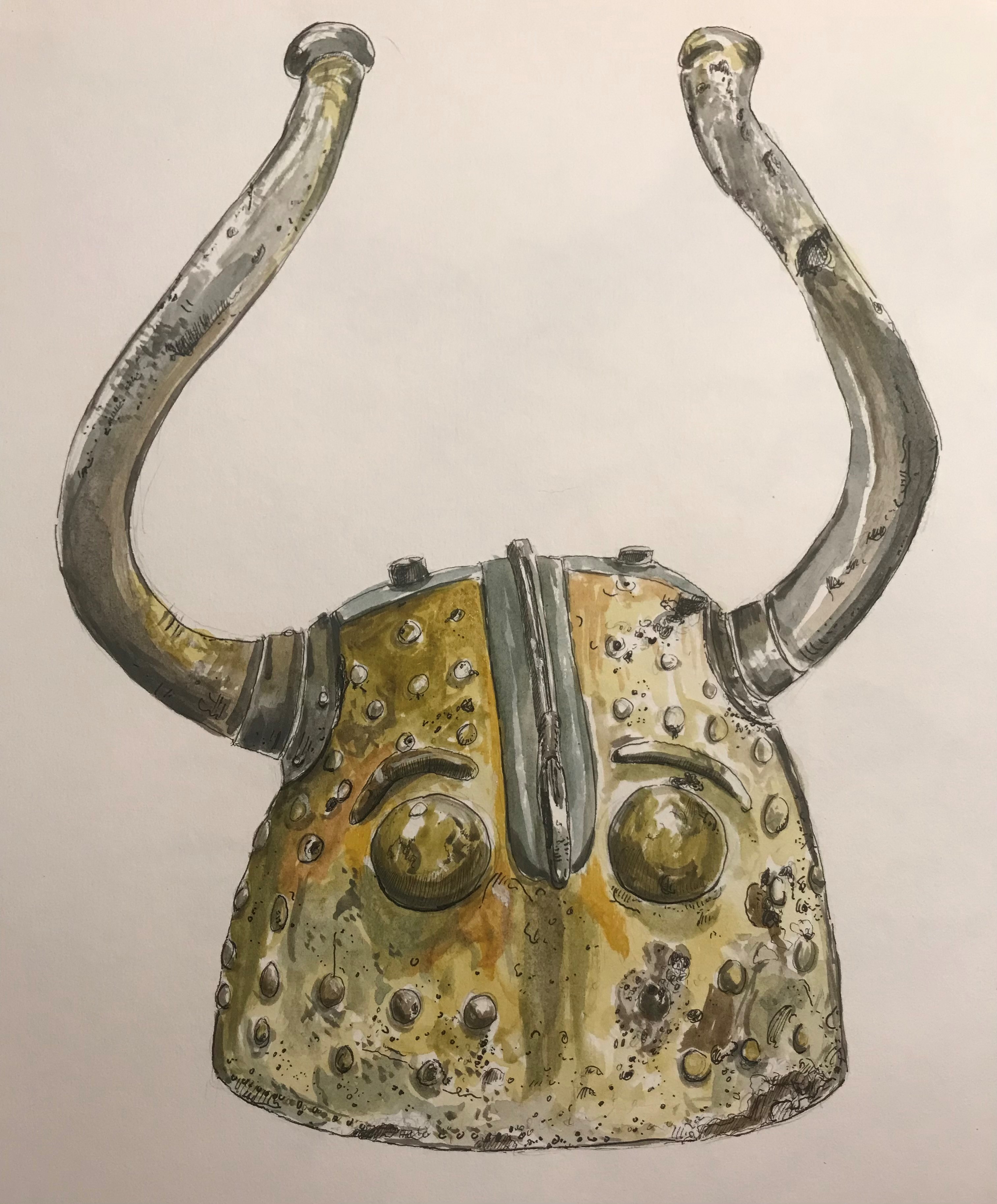 A watercolour painting of a helmet with horns