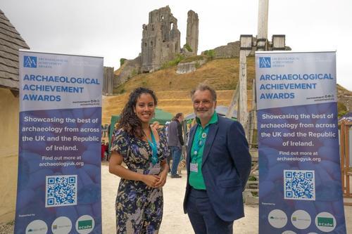 1 Jeannette Plummer Sires and Neil Redfern at Corfe Castle with AA Awards Banners small.jpg