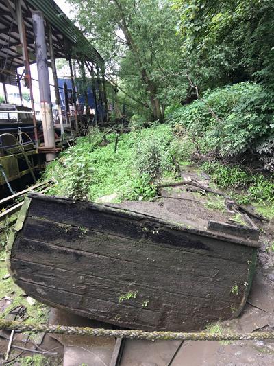 Remains of the ML286, wood panels covered in moss, trees and leaves, a metal warehouse in the left corner