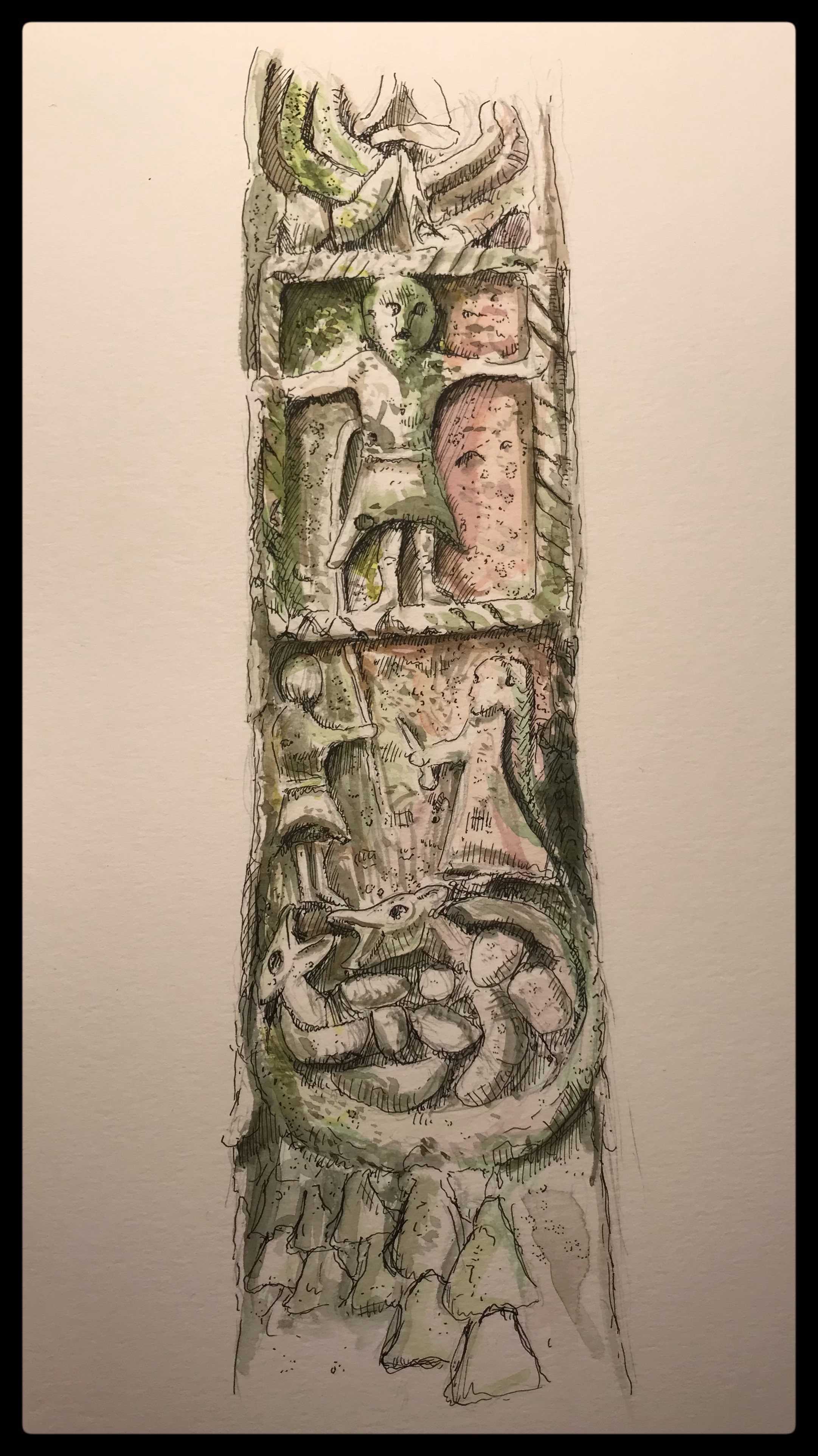 A watercolour painting of a piece of stone with lots of worn iconography with animals and people