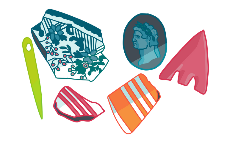 A illustration drawing in bold colours of three pottery sherds, a roman coin, an arrow head, and a bone needle