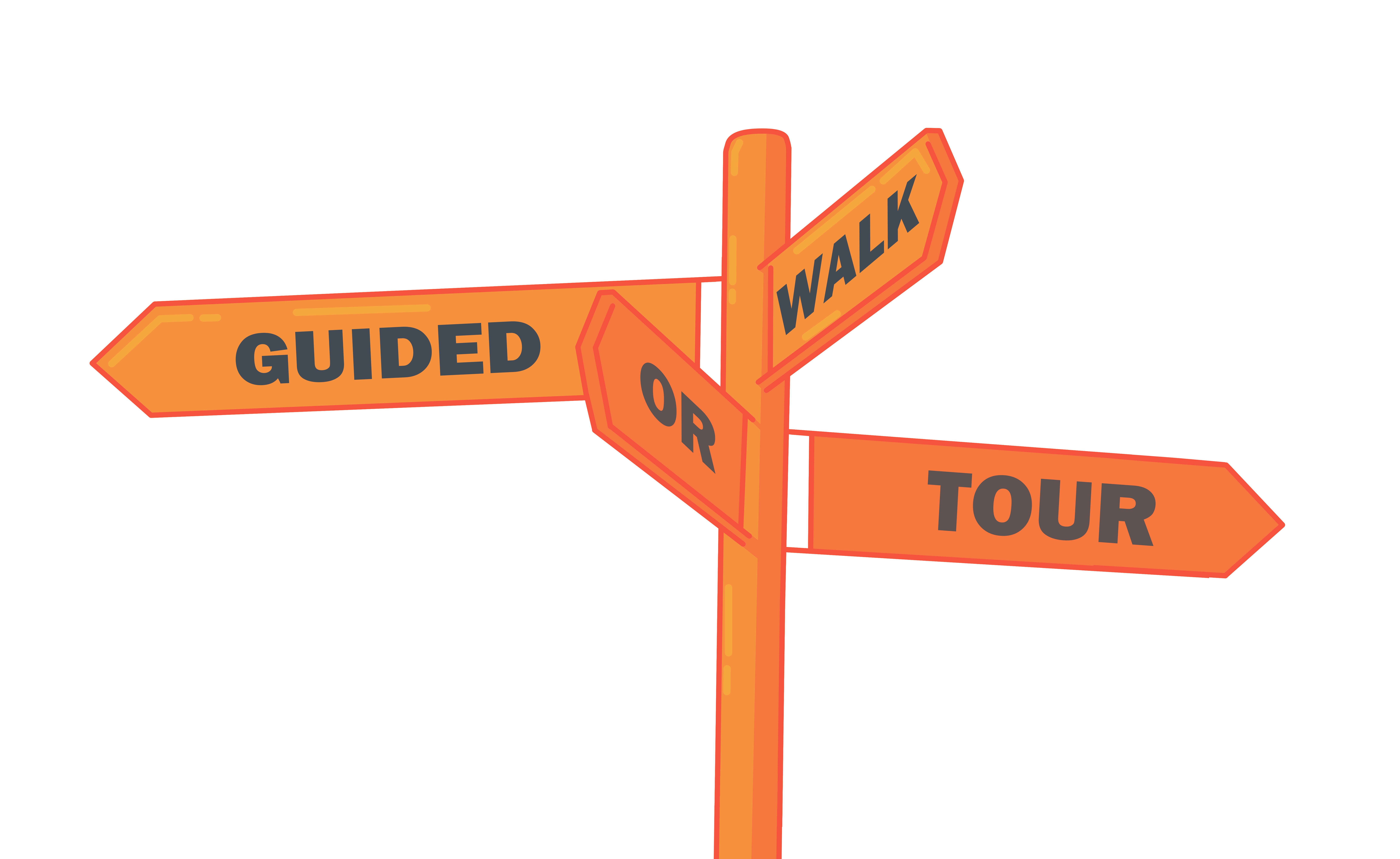 Graphic of a orange sign post with the words "Guided walks or tour"